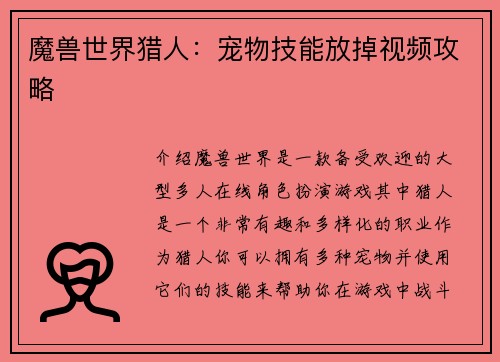 魔兽世界猎人：宠物技能放掉视频攻略